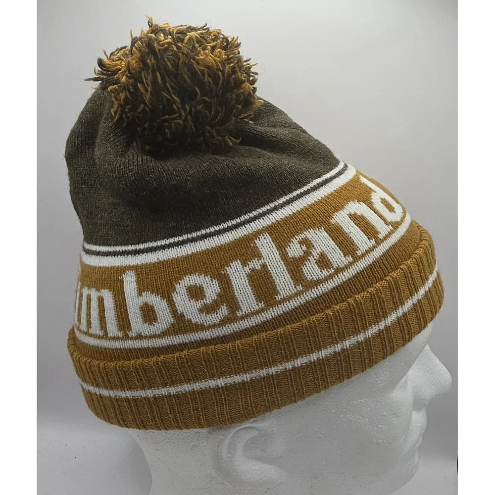 Timberland Brown Wheat Logo Knit Pom Beanie Hat‎ Youth OSFM